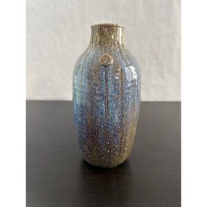 Studio Pottery Bud Vase Signed Hand Thrown Blue Brown Drip Glaze Artisan Ceramic